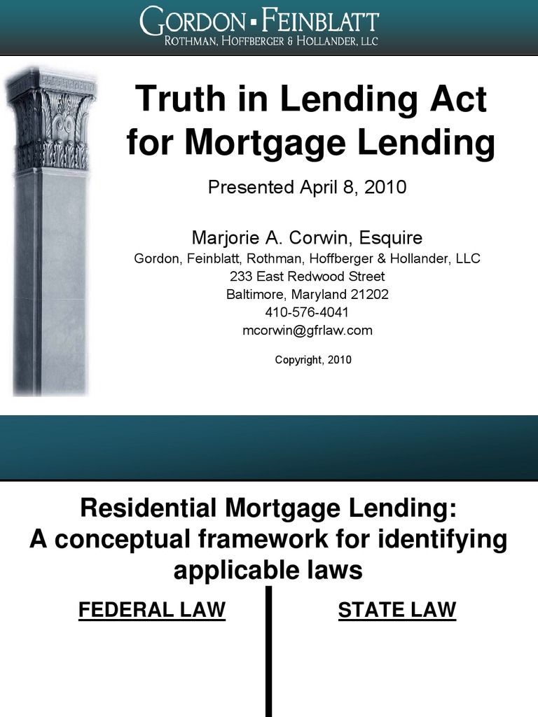 Truth in Lending Act For Mortgage Lending: Presented April 8, 2010 ...