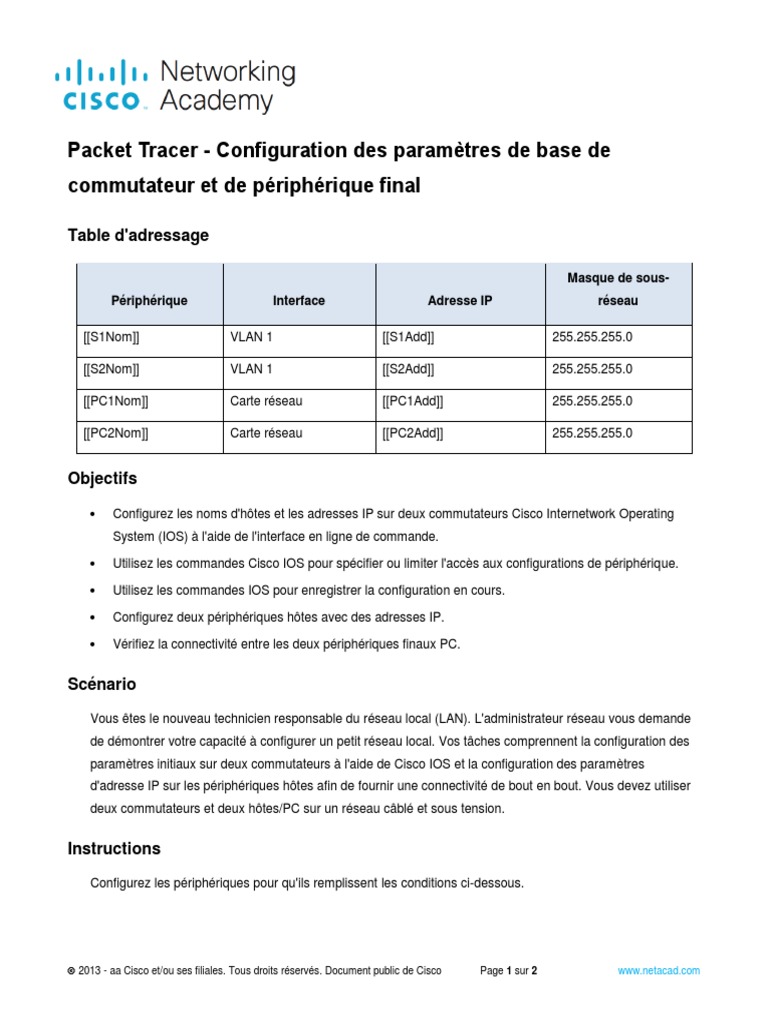 Configuration de base sur Packet Tracer 2.9.1 | PDF | Adresse IP ...