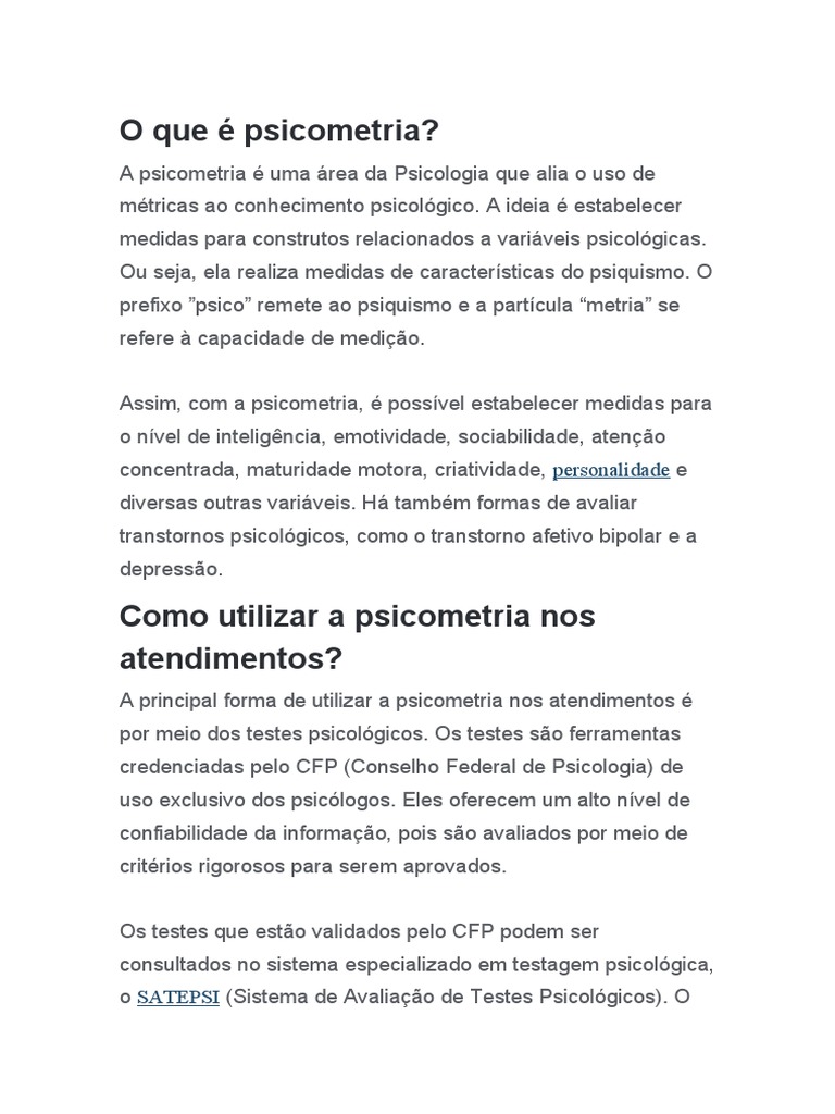 O Que É Psicometria | PDF | Testes psicológicos | Neuropsicologia