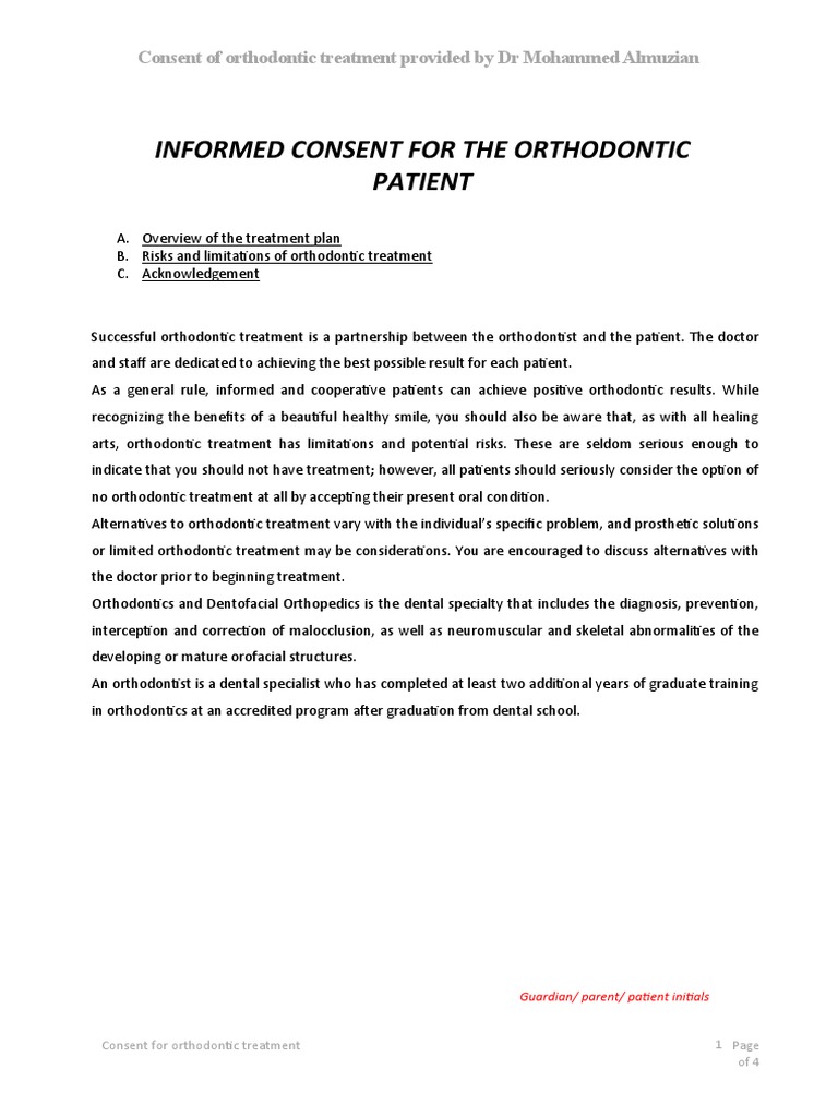 Informed Consent For The Orthodontic Patient Consent of Orthodontic