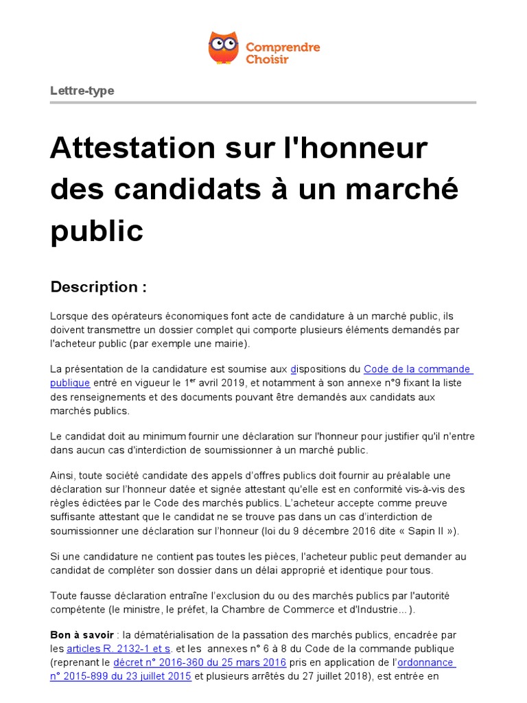 Modèle Attestation Sur L honneur Marché Public 2021 Word Ooreka Attestation Honneur Marche Public | PDF | Marché (Économie) | Justice