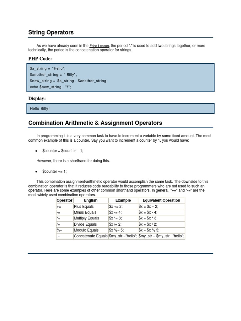 PHP String and Arithmetic Operators | PDF | Teaching Methods ...