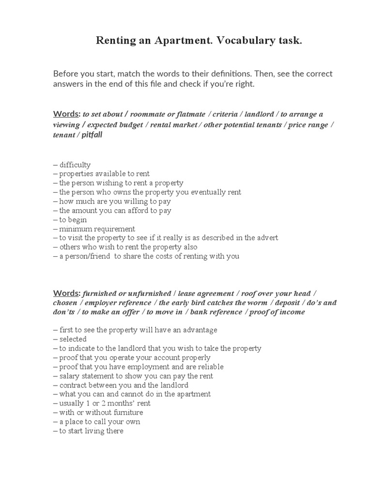 Vocabulary for Renting an Apartment | PDF | Renting | Roommate