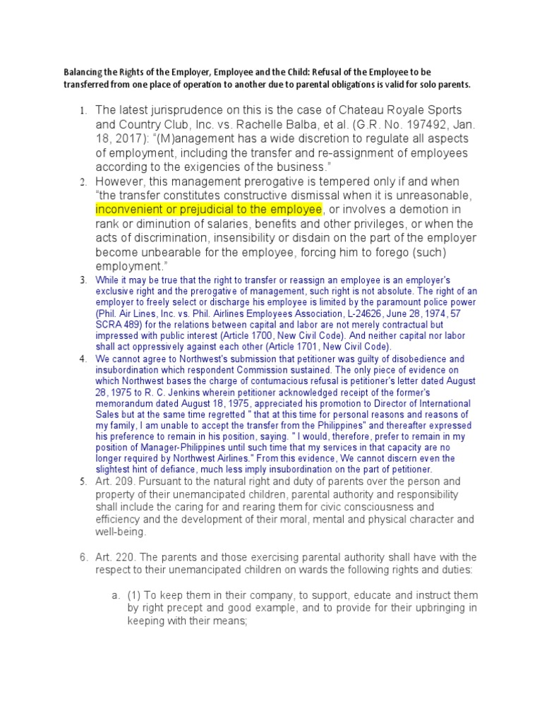 Employee Transfer Refusal Rights in PH | PDF | Parent | Relationships