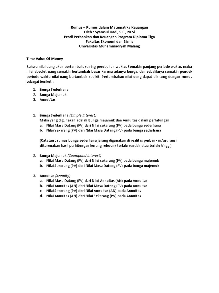Rumus Rumus Perhitungan Matematika Ekonomi Dan Bisnis | PDF