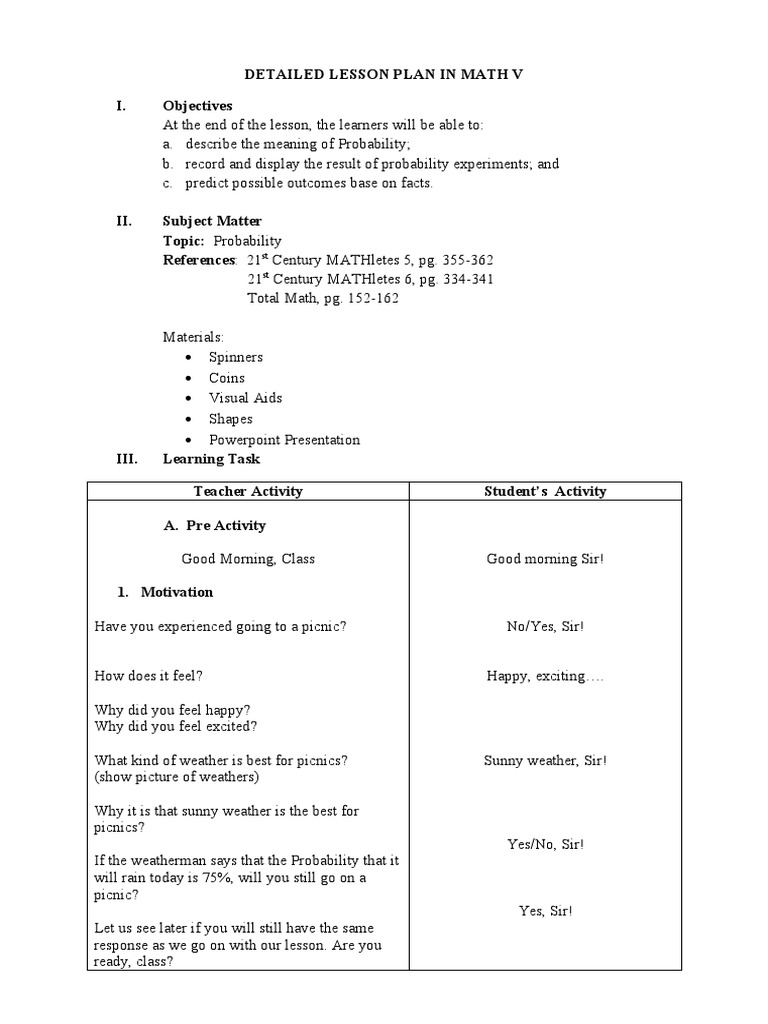 Detailed Lesson Plan in Math V I. Objectives: ST ST | PDF | Probability ...