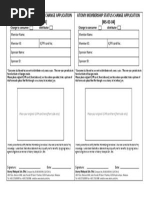 Atomy Membership Status Change Application Ms 03 04 Pdf Business