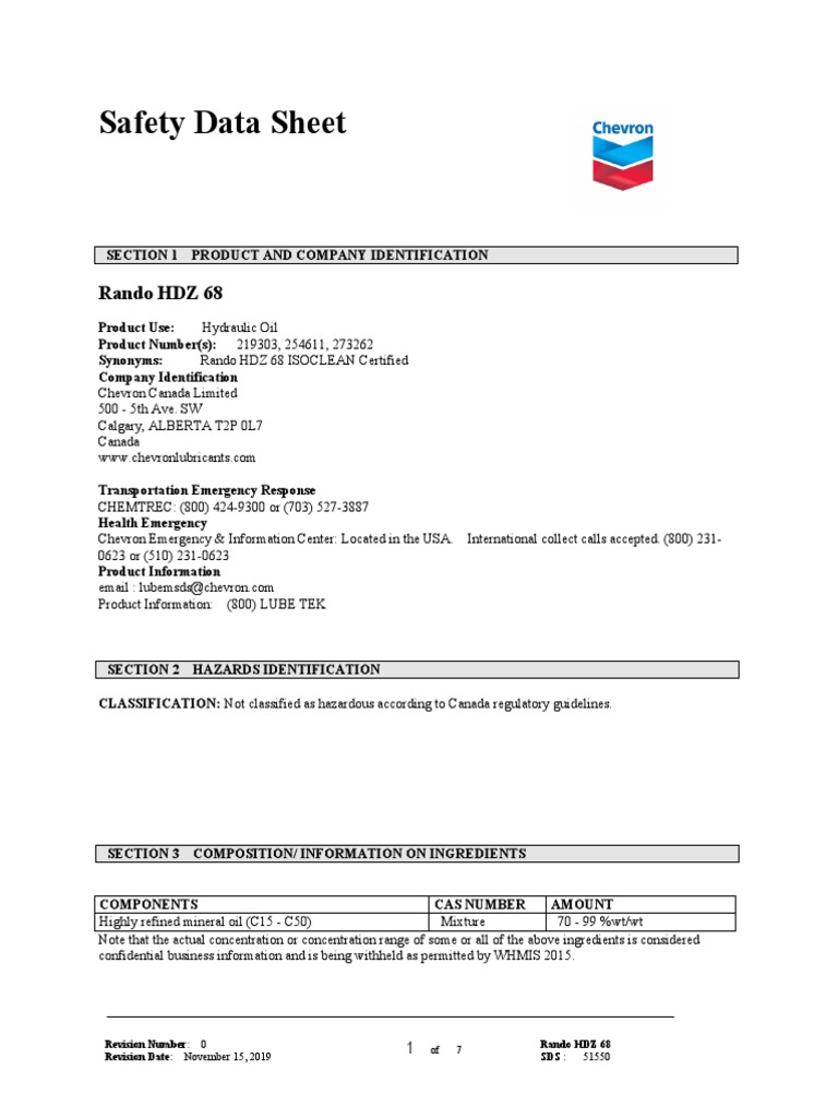 Safety Data Sheet for Rando HDZ 68 Hydraulic Oil | PDF | Fires ...