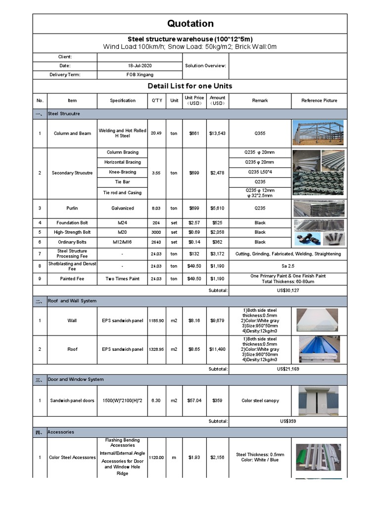 Warehouse Quotation for Steel Structure | PDF | Receipt | Building ...