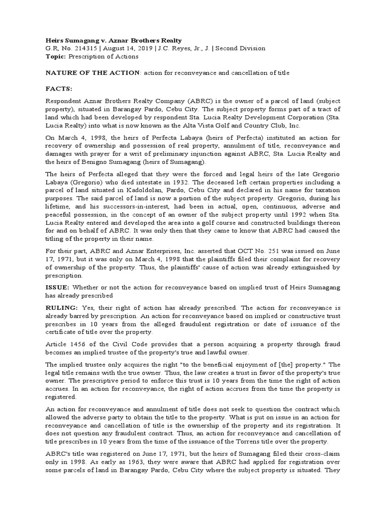 Heirs Sumagang V Aznar Brothers Realty PDF Statute Of Limitations