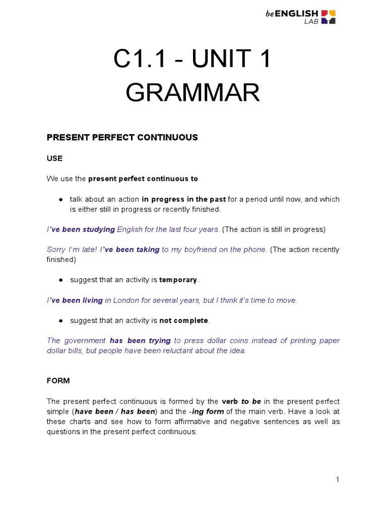 Present Perfect Continuous Grammar Guide | PDF | Verb | Linguistic ...