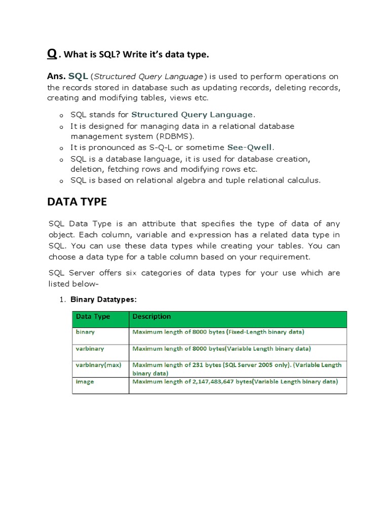 Data Type: - What Is SQL? Write It's Data Type. Ans | PDF | Relational ...