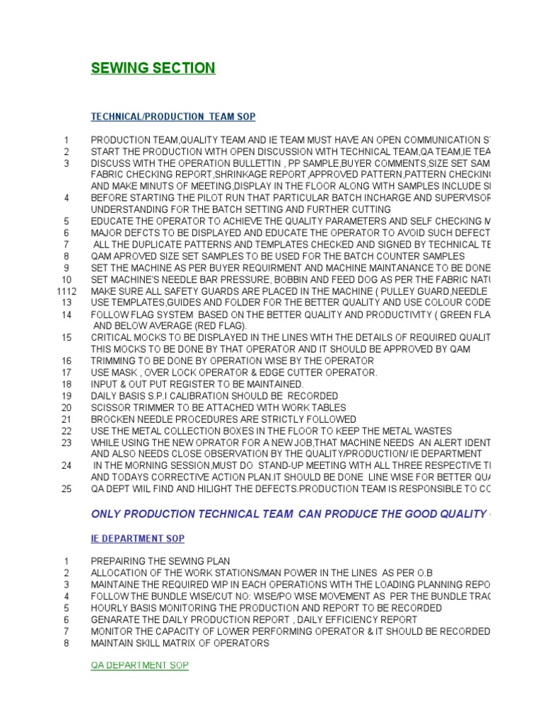 Sewing Section: Technical/Production Team Sop | PDF | Sewing Machine