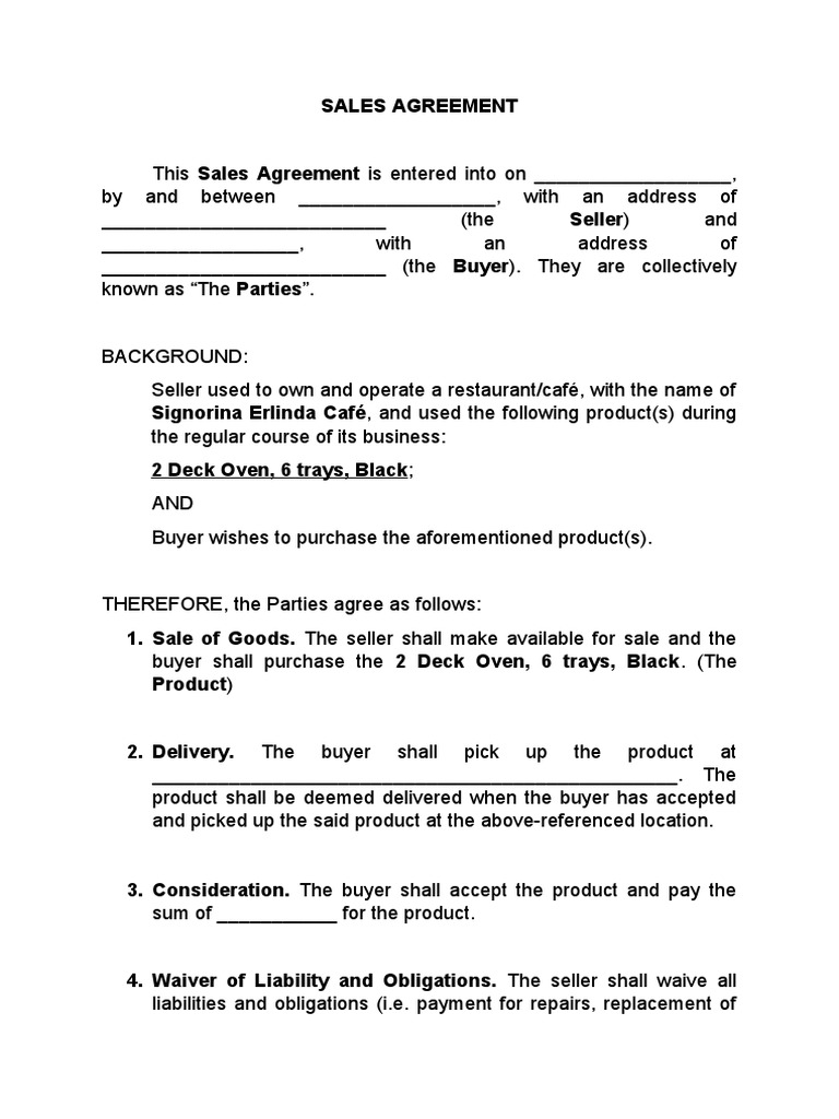 Sales Agreement Draft (Oven) | PDF