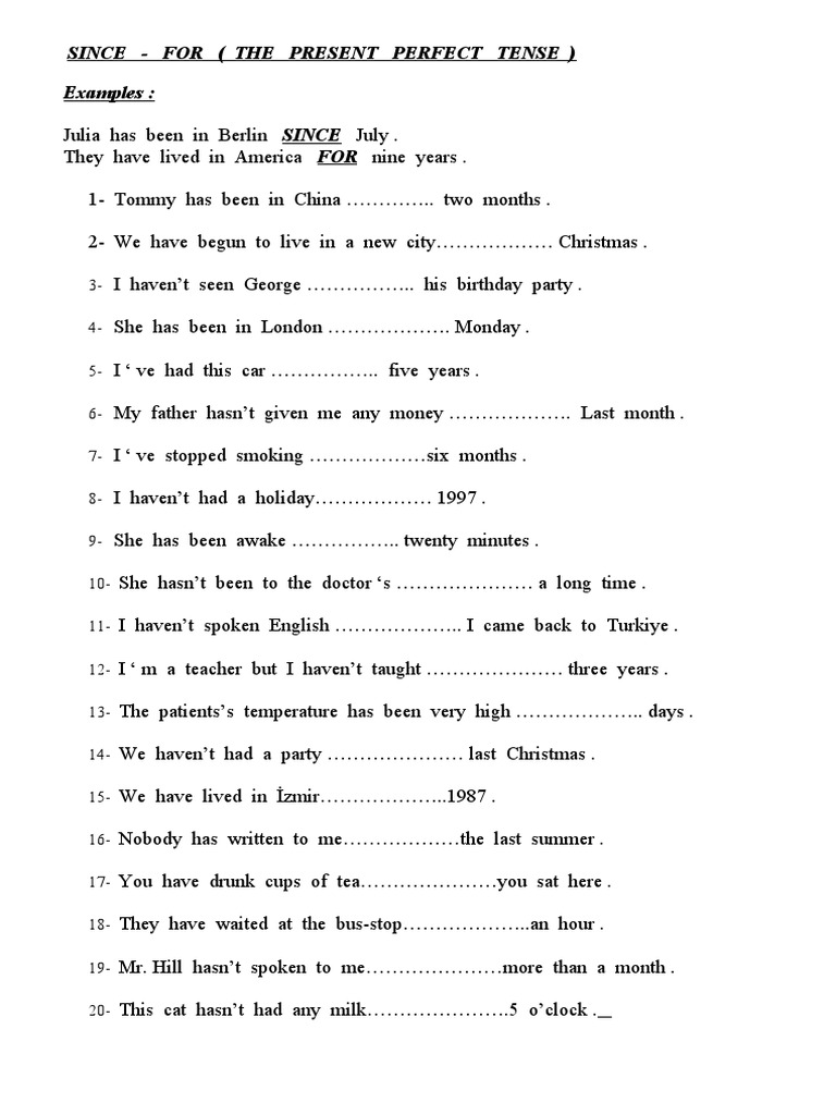 Present Perfect Tense: Since vs. For Exercises | PDF