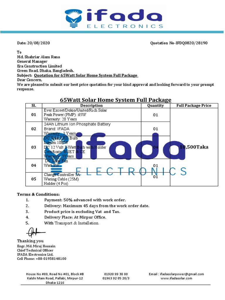 65W Solar System Quotation Dhaka | PDF