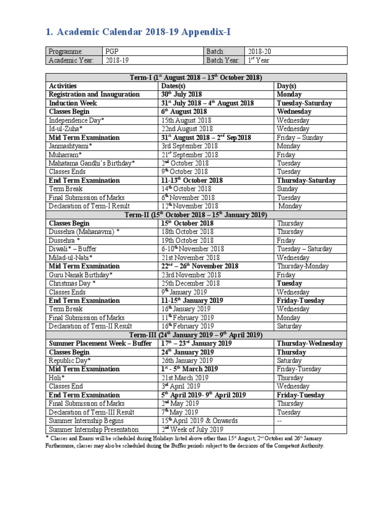 Academic Calendar 201819 AppendixI ST TH PDF Academic Term