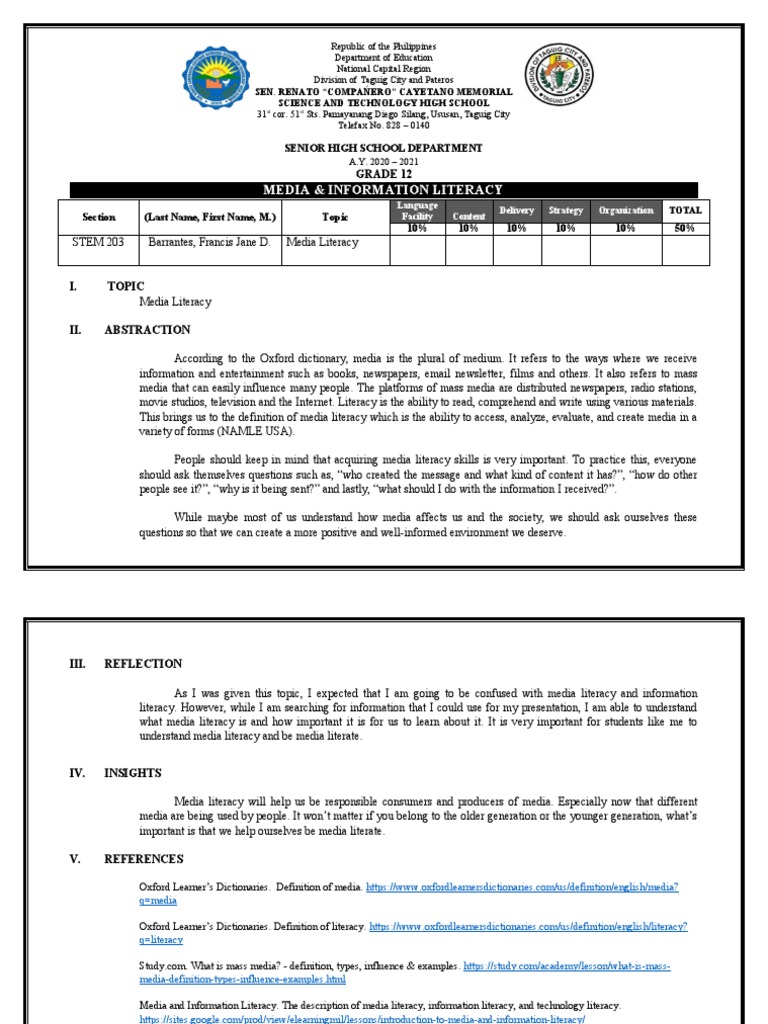 Media & Information Literacy: Grade 12 | PDF | Literacy | Information ...