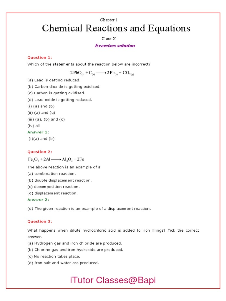 Exercise Soln Chemical Equation and Reaction | PDF | Chemical Reactions ...