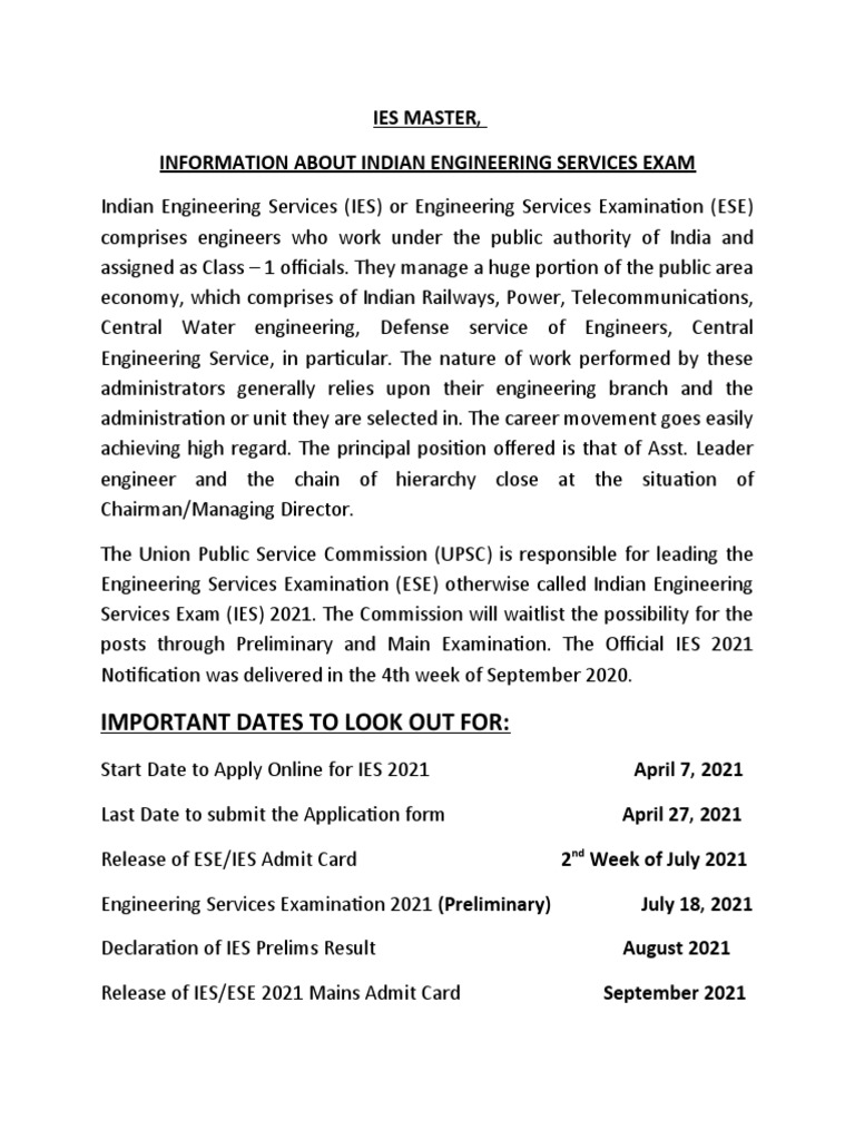 IES Exam 2021 Guide & Key Dates | PDF | Test (Assessment) | Engineering