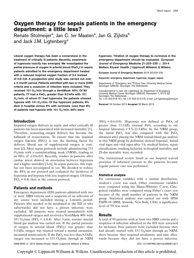 Oxygen Therapy For Sepsis Patient PDF Sepsis Shock (Circulatory)