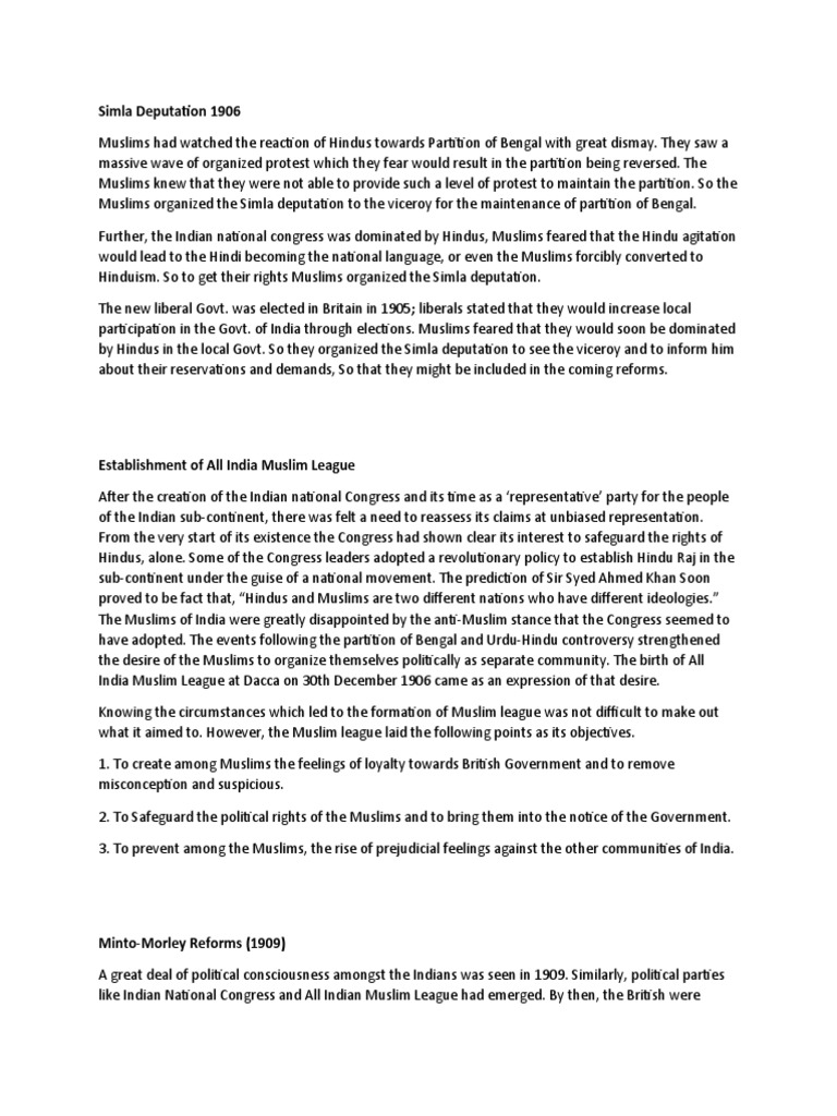 Simla Deputation 1906 PDF Partition Of India All India Muslim League