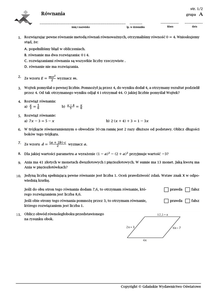 Sprawdzian Matematyka Klasa 7 Równania Gwo