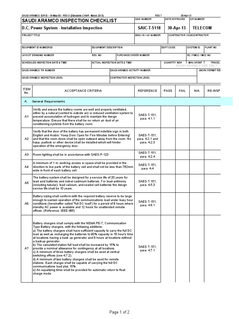Saudi Aramco Inspection Checklist: D.C. Power System - Installation ...