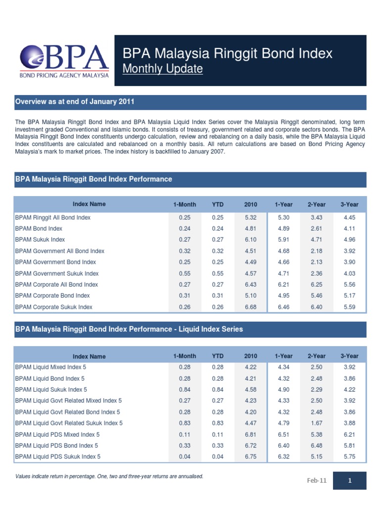 Bond Index Monthly Report January 2011; by Bond Pricing Agency
