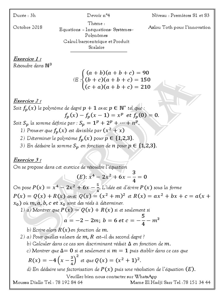 Maths Monde Cycle 4 Exercices Corrigés Pdf Devoir N°4 1S1 | PDF | Orthogonalité | Triangle