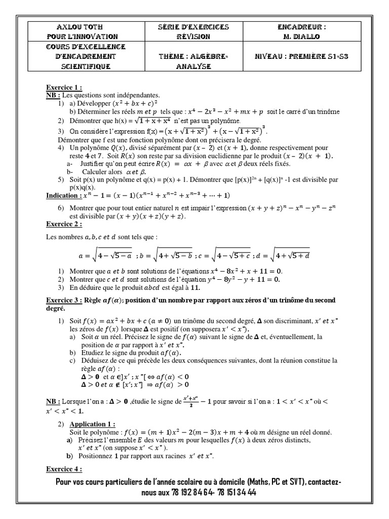 Exercices de Maths pour 1ère S1-S3 | PDF | Nombre réel | Équations