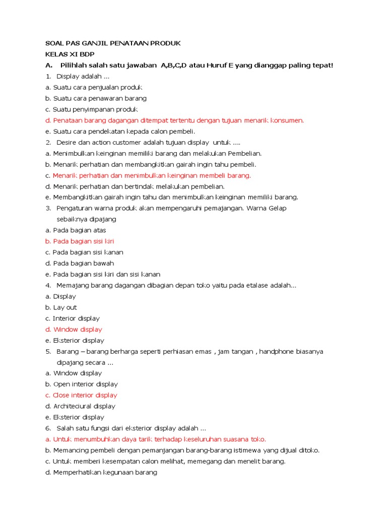 Soal Pas Ganjil Penataan Produk Kelas Xi