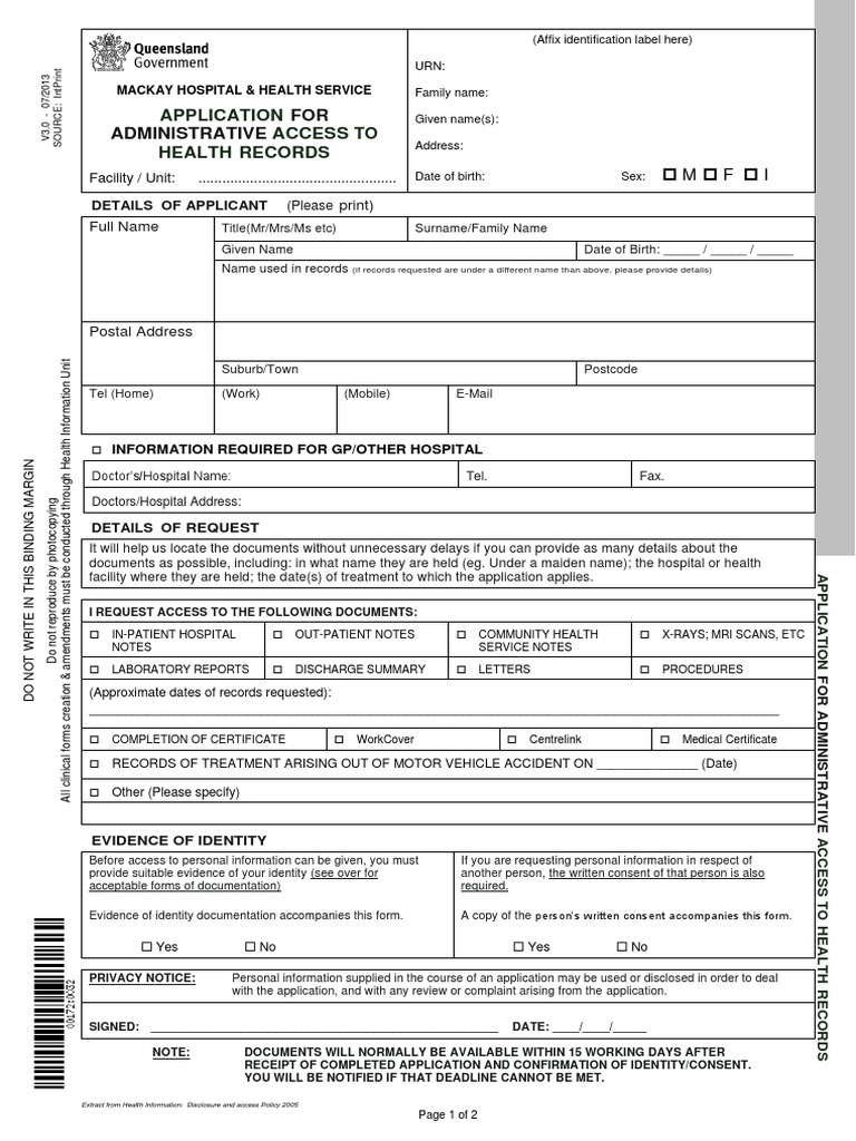Mackay Hospital Health Records Access Form | PDF | Identity Document ...