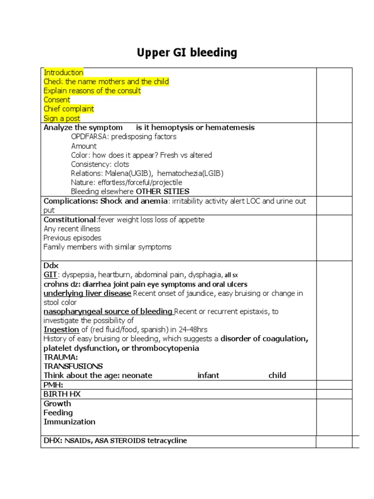 Upper GI Bleeding History Taking Guide | PDF