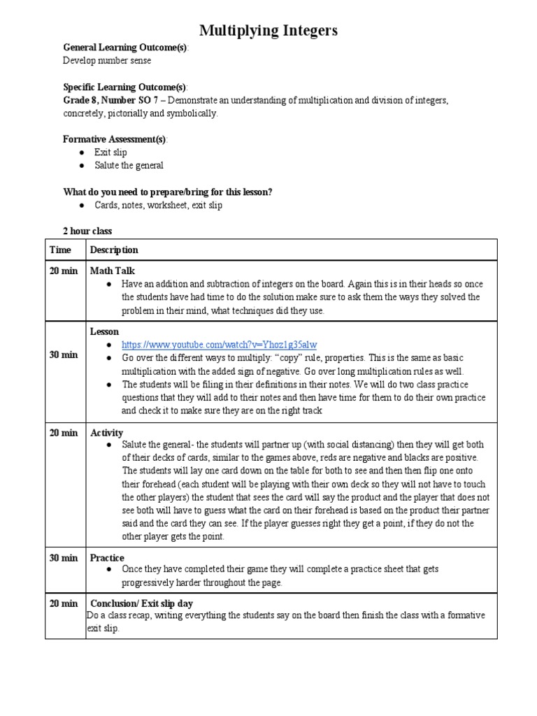 Lesson 3 multiplication of integers pdf multiplication integer