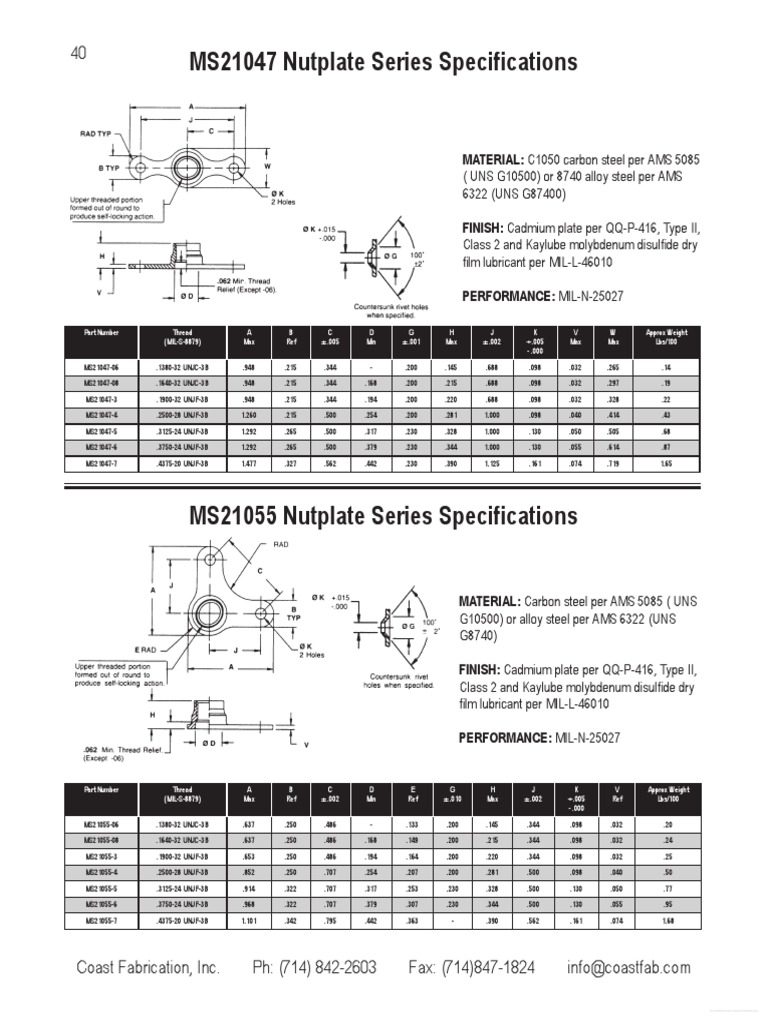 MS21047 & MS21055 Nutplate Specs | PDF | Steel | Materials