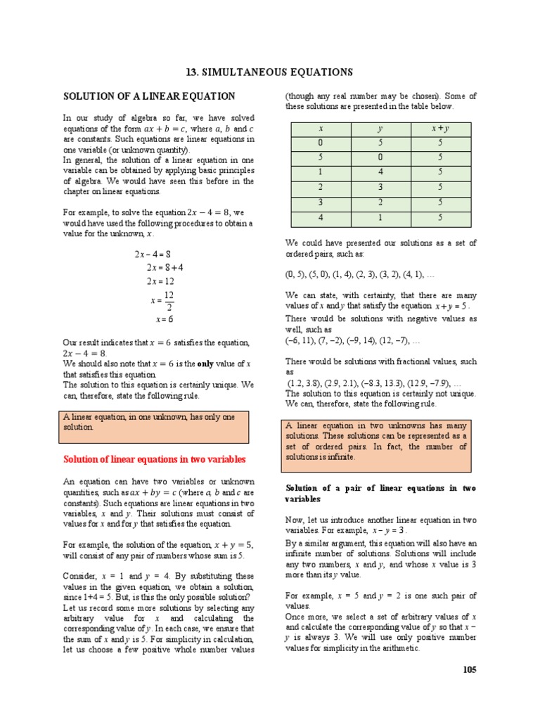 Simultaneous Equations: Solution of A Linear Equation | PDF | Equations ...