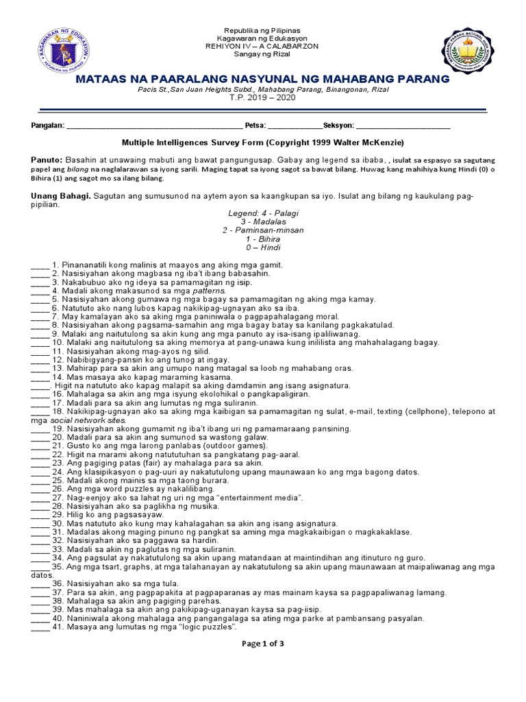 Multiple Intelligences Survey Form PDF