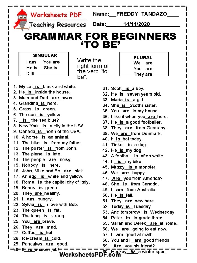 Grammar For Beginners To Be': Write The Right Form of The Verb "To Be ...