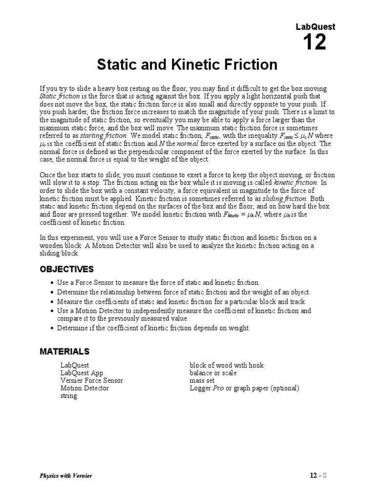 Static And Kinetic Friction Labquest Pdf Friction Force