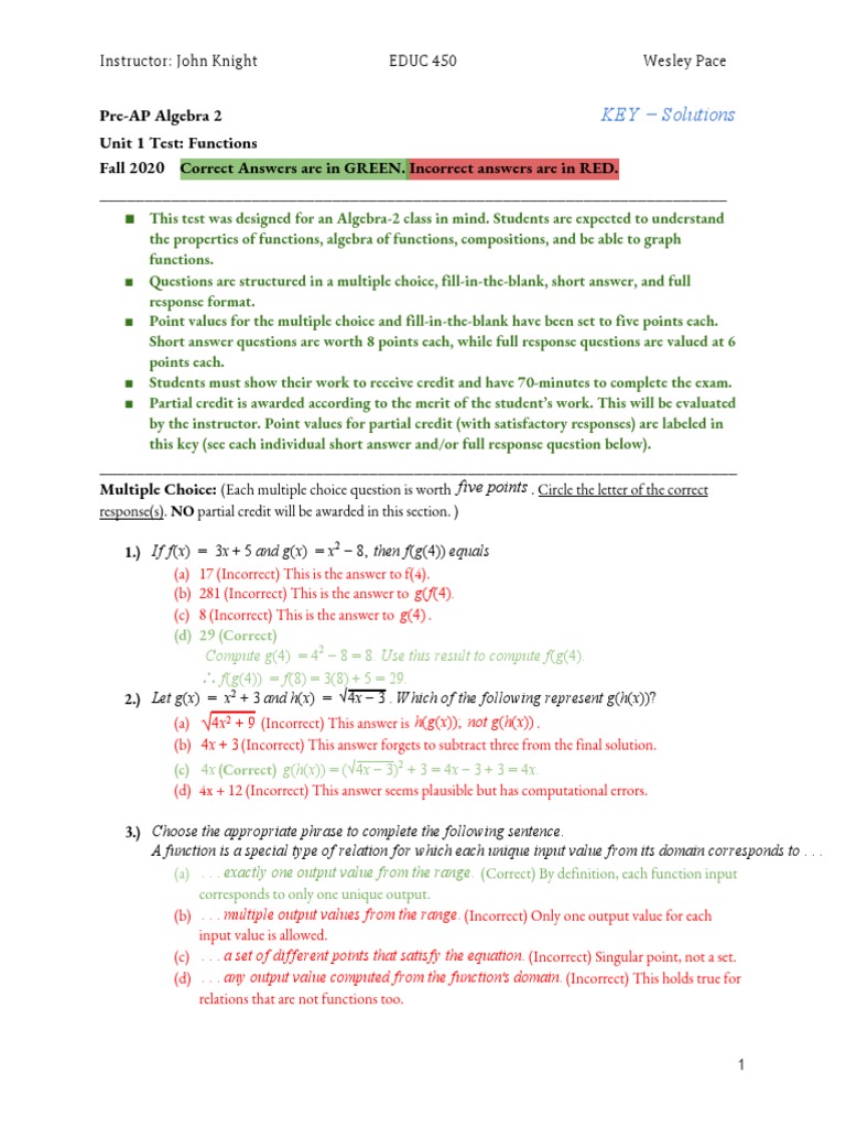 Pre-AP Algebra 2 Unit 1 Test Answers | PDF | Multiple Choice | Function ...