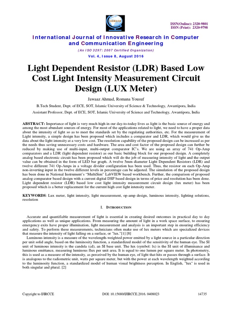 Light Dependent Resistor (LDR) Based Low Cost Light Intensity
