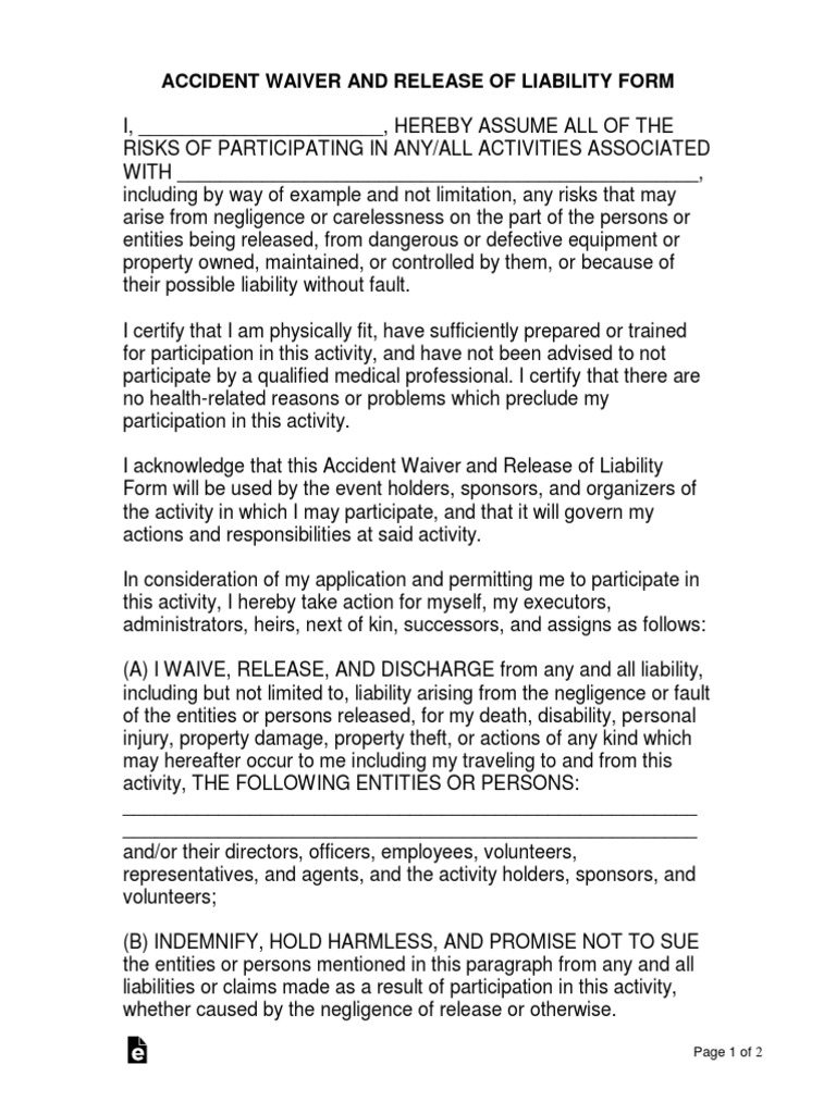 Accident Waiver and Release of Liability Form | Download Free PDF ...