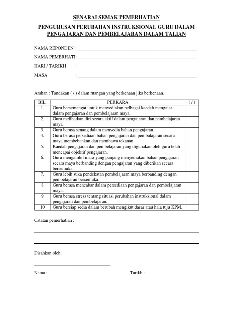 Lampiran 6 - Senarai Semak Pemerhatian PDF | PDF