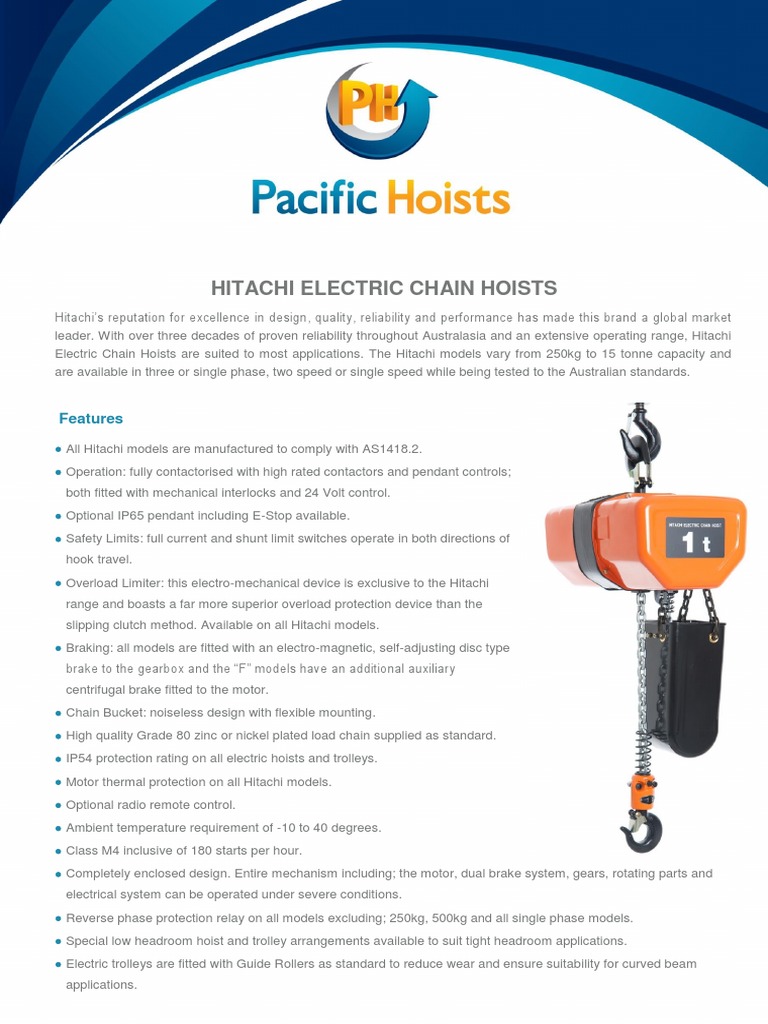 Hitachi Electric Chain Hoists Product Sheet PDF Electric Motor