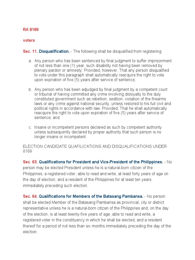 Voter and Candidate Disqualifications in RA 8189 | PDF | Suffrage ...