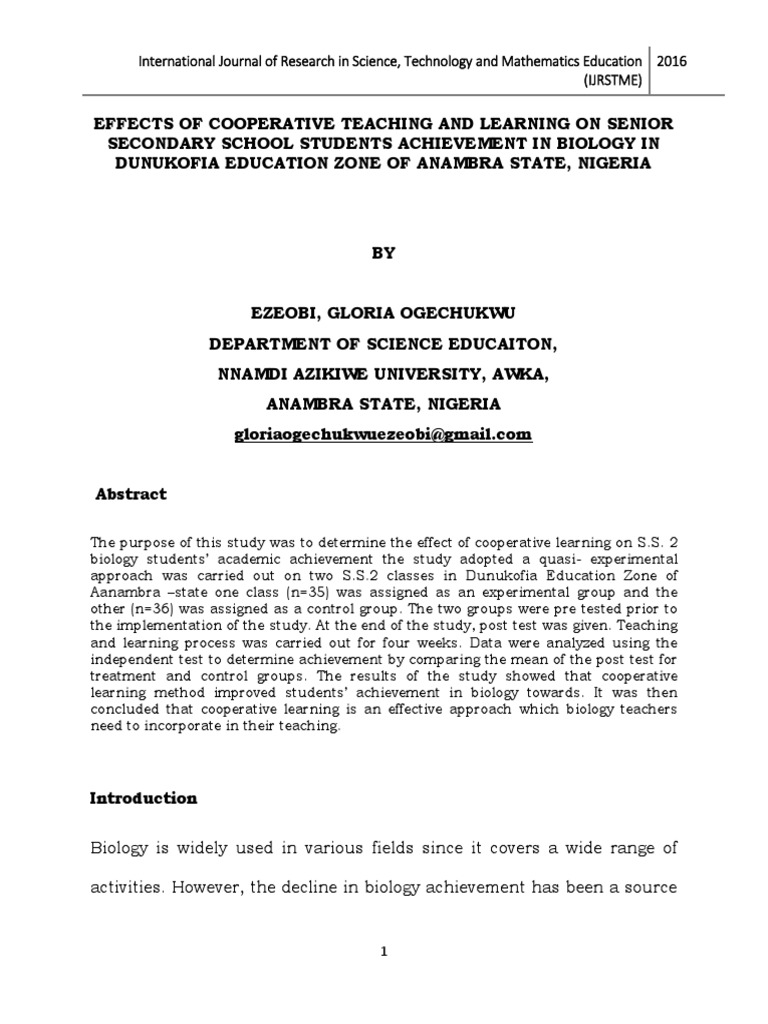 Effects of Cooperative Teaching and Learning On Senior Secondary School ...