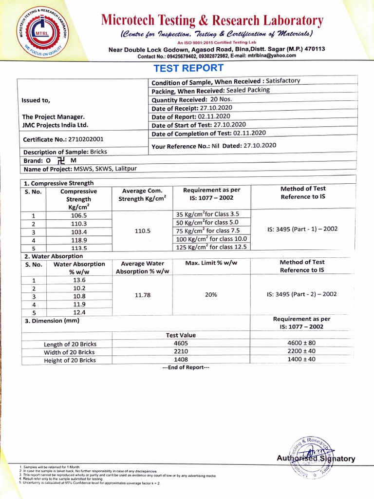 Test Report of Bricks PDF Nature