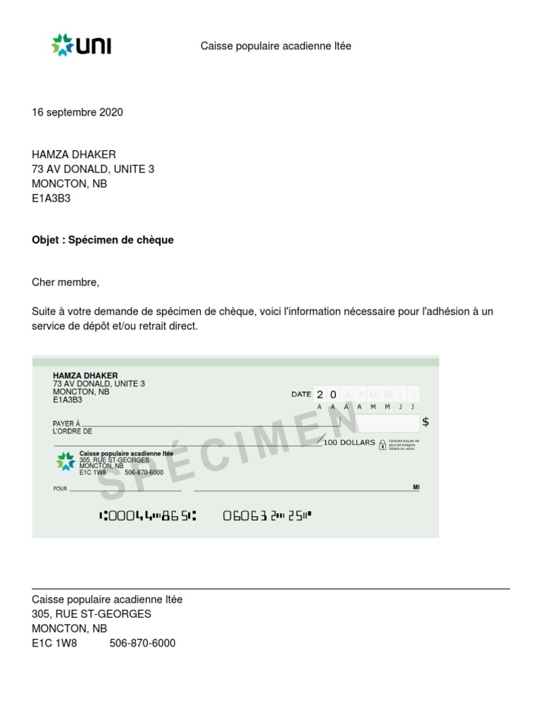 Produire Specimen Cheque PDF