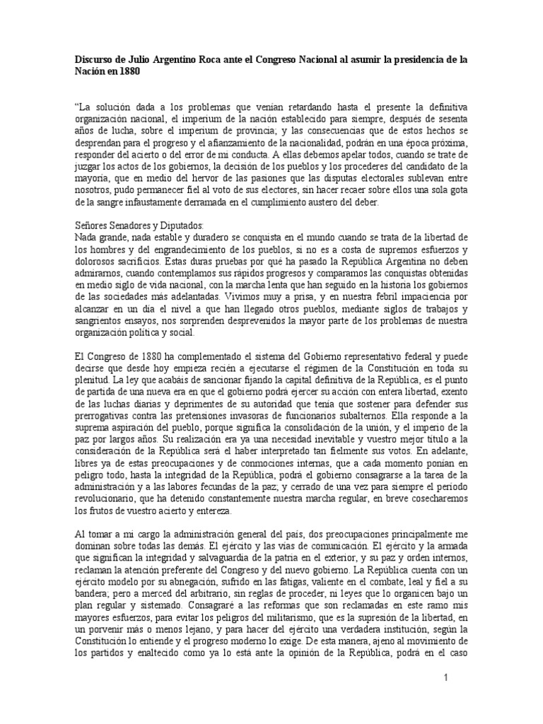 Discurso de Julio A. Roca Al Asumir La Presidencia.1880 | PDF ...